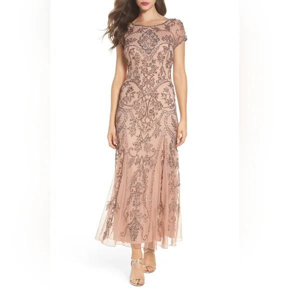 pisarro nights beaded dress nordstrom V-Neck Sleeveless Tea Length Dress Makena Ocean Blue / S